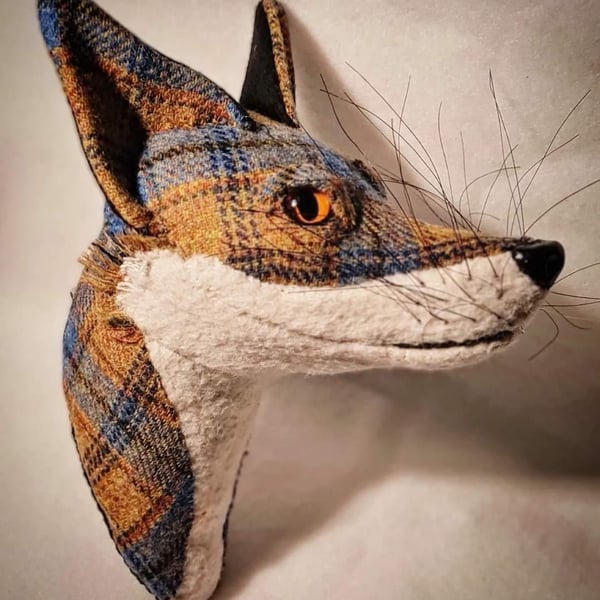 Faux fox wall mount in saffron and blue tartan - Frederick