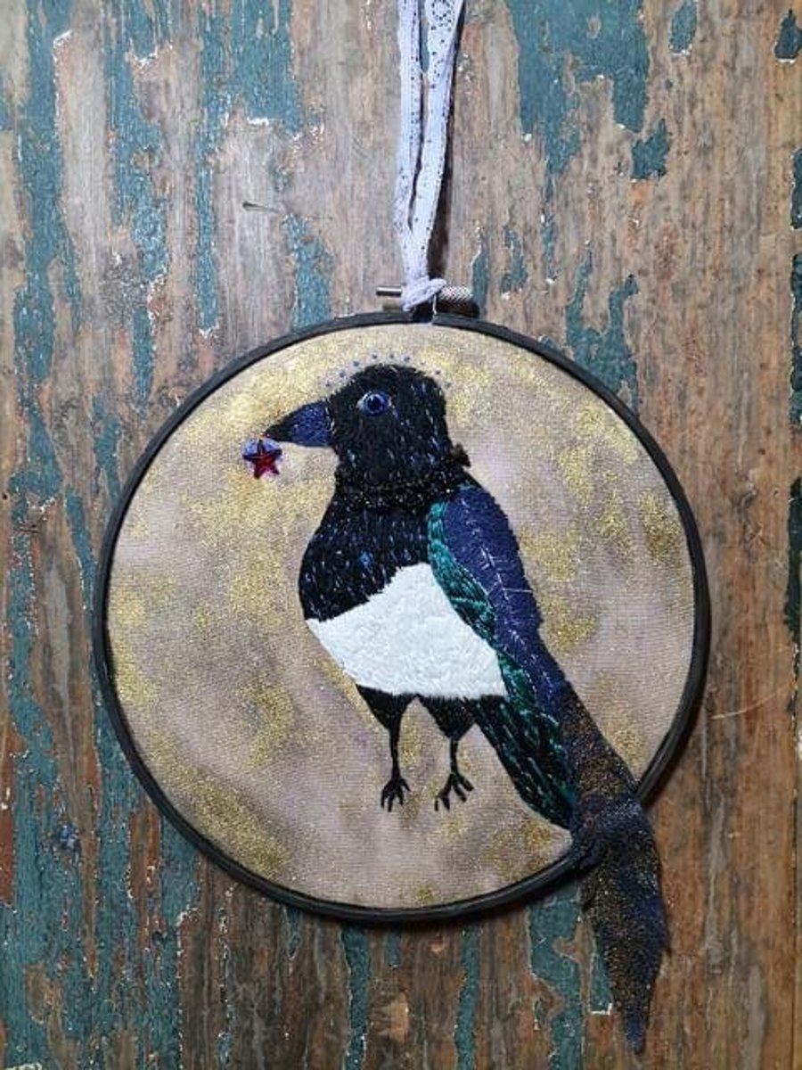 Hand embroidered Magpie Heirloom art, embroidery hoop, bird art