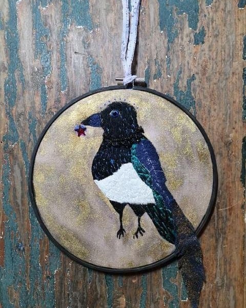 Hand embroidered Magpie Heirloom art, embroidery hoop, bird art