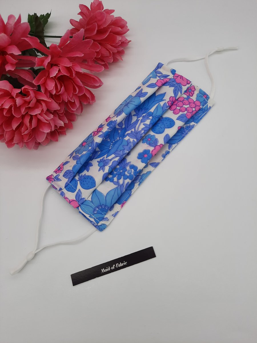 Blue and pink floral adjustable 3 layer machine washable medium face mask 