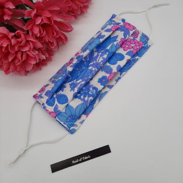 Blue and pink floral adjustable 3 layer machine washable medium face mask 