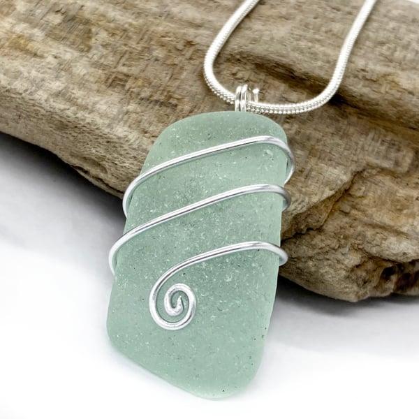 Sea Glass Pendant - Aqua Green - Scottish Silver Wire Wrapped Celtic Necklace