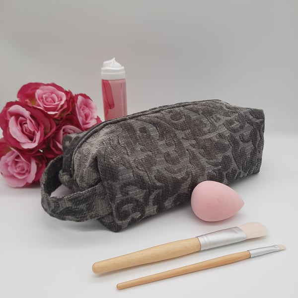 Slate grey velour brocade fabric toiletry bag,  boxed make up case. 