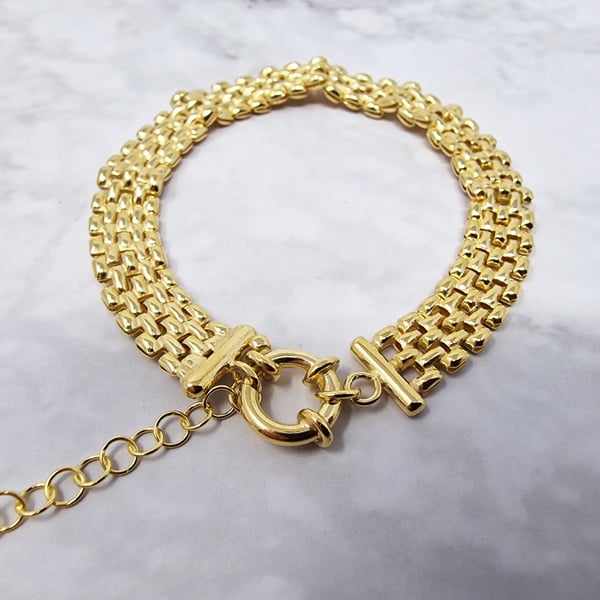 Gold Woven Bracelet 18k Gold Plated Mesh Bracelet Adjustable Gold Bracelet Chunk
