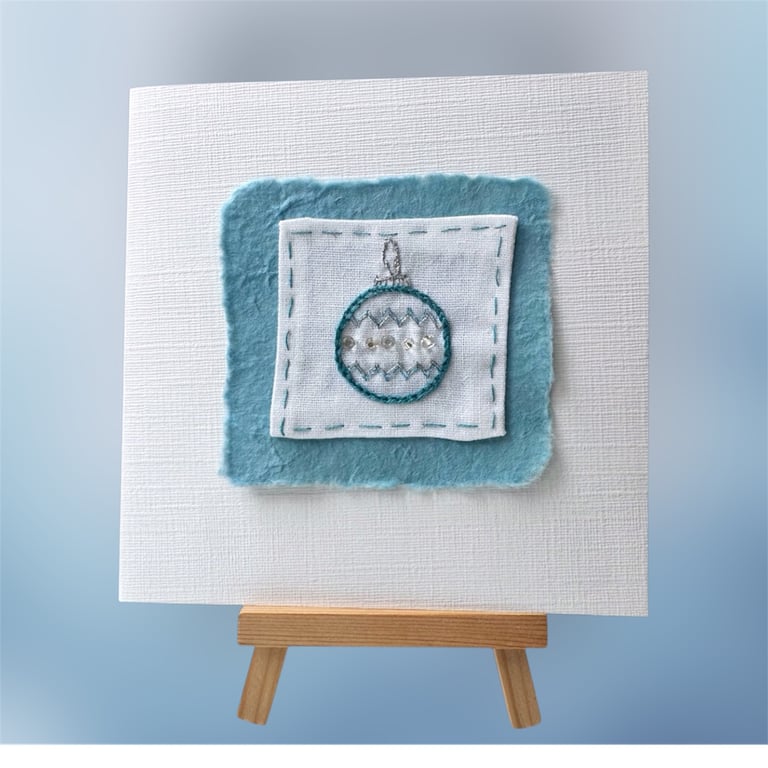 Hand embroidered Christmas card with a shiny blue and silver beaded bauble