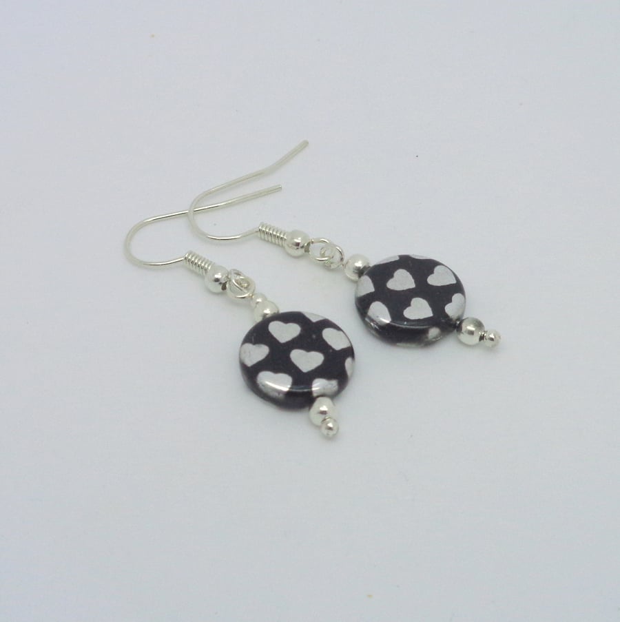 Black with silver heart beads silver plated drop earrings