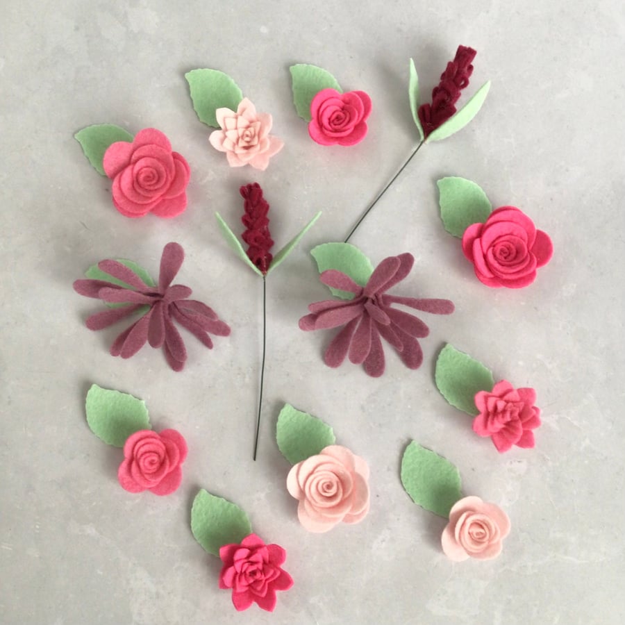 Pink Felt Flower Buttonhole Kit, Die cut felt flowers