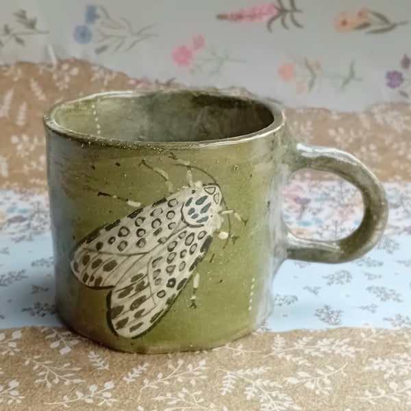 Small moth hand painted coffee tea cup ceramic, organic shape, crackle glaze 