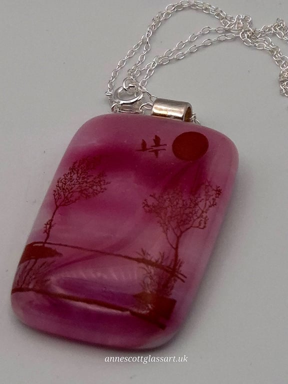 Trees over Water on Pink, Fused Glass Pendant with Sterling Silver Findings