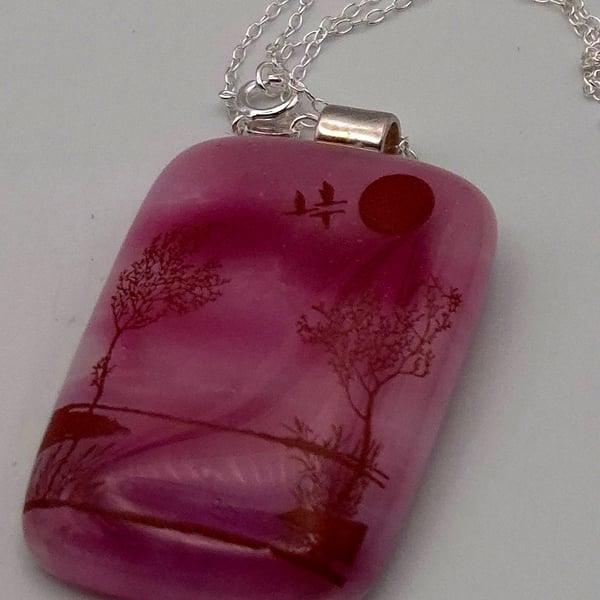 Trees over Water on Pink, Fused Glass Pendant with Sterling Silver Findings