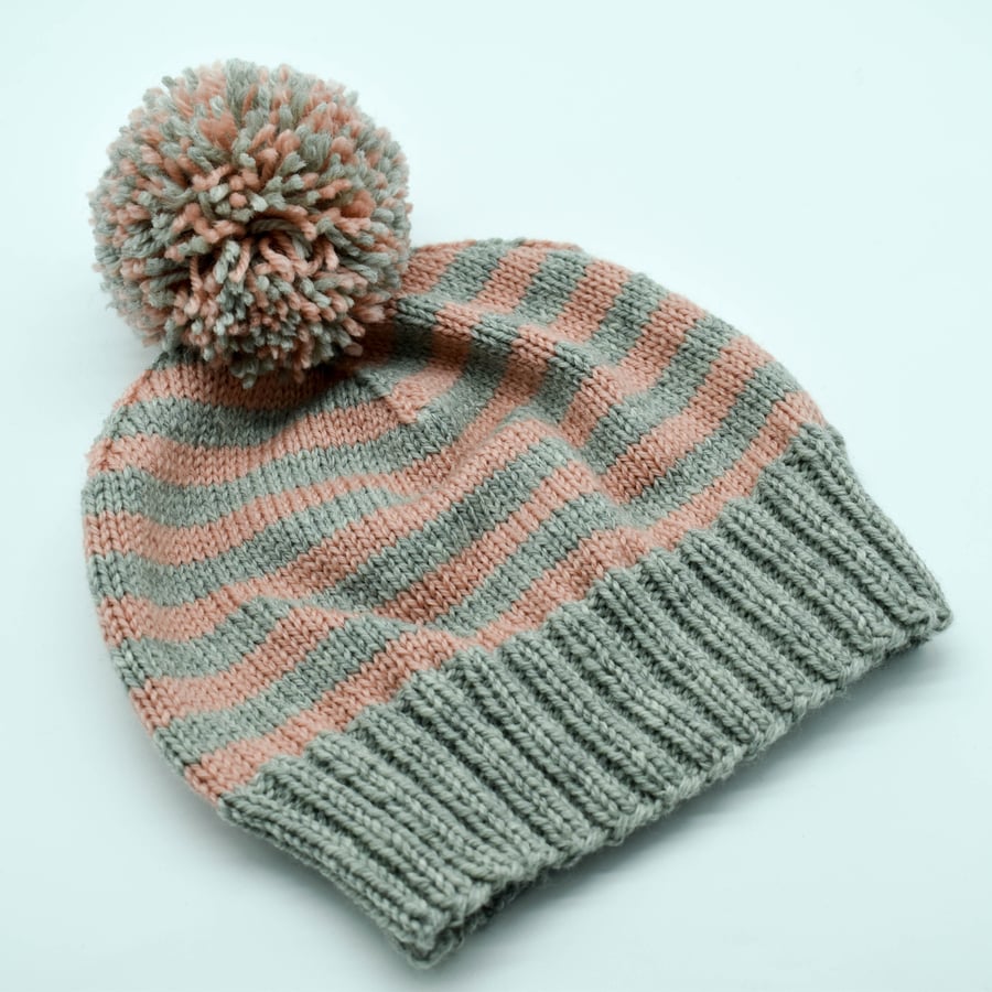 SOLD - Hand Knitted striped hat with pom-pom in grey and pink