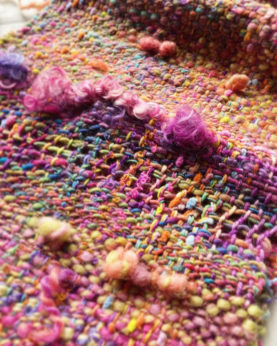 Hand dyed, spun and woven scarf Where the bluebirds sing 