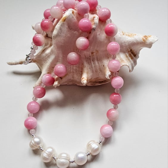 Designer Natural Rose Quartz, Quartzite, Freshwater Baroque Pearls Necklace.