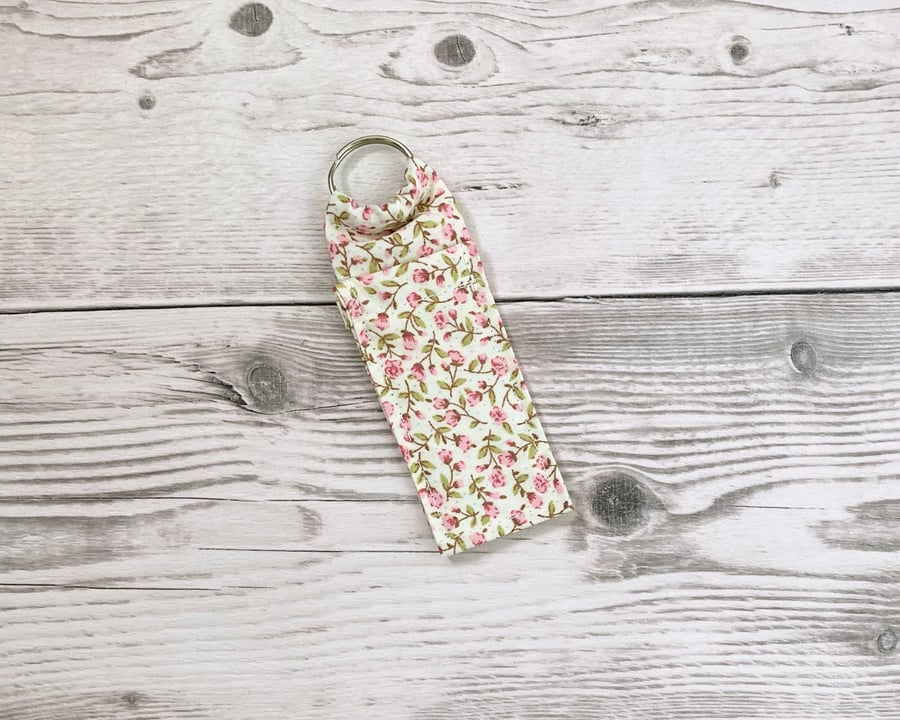 Lip balm cotton fabric keyring. Ditsy cream & pink.