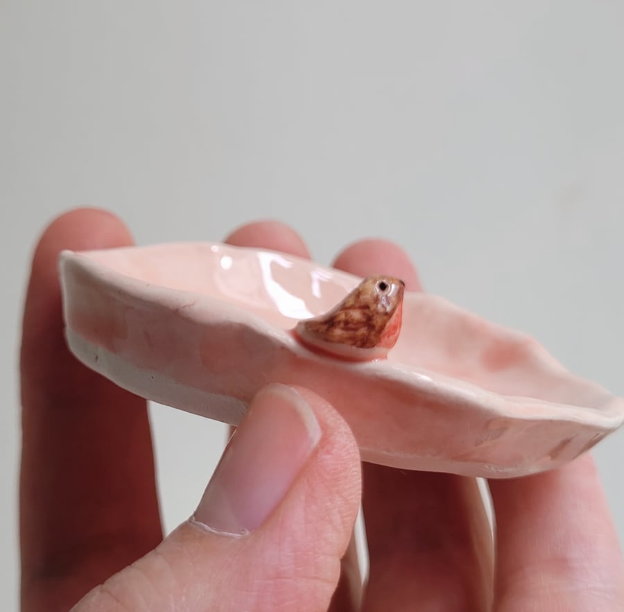 Pink ceramic tealight robin & birdprints handmade pottery candle holder 