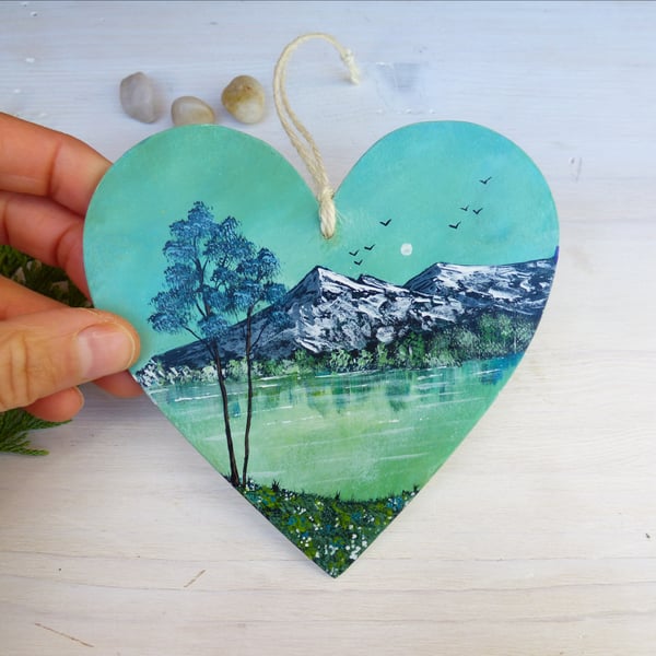 Mountain & Lakeside scenery, Hand Painted Wooden Heart Decoration