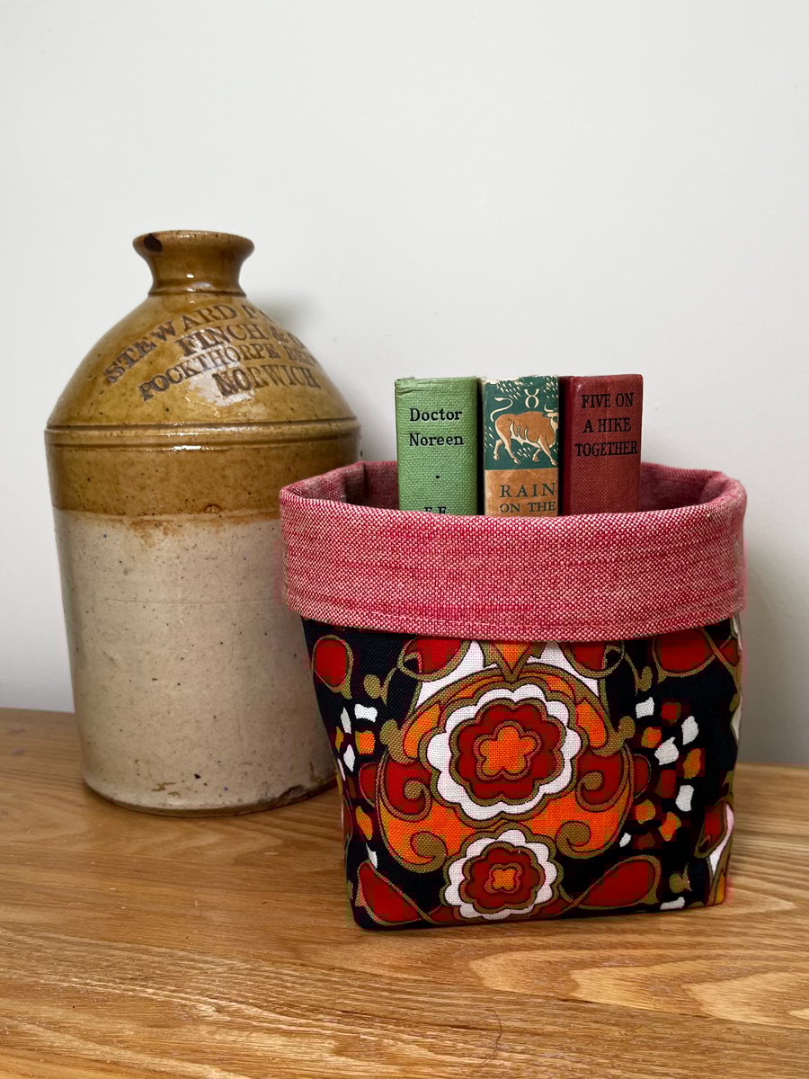 Vintage retro print reversible storage basket plant pot craft storage