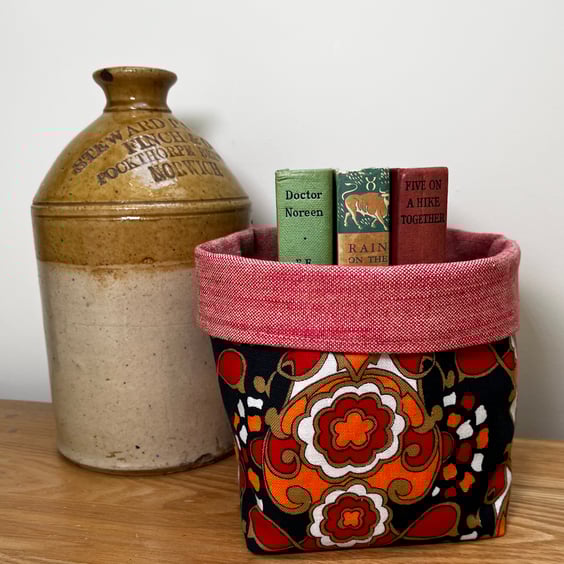 Vintage retro print reversible storage basket plant pot craft storage