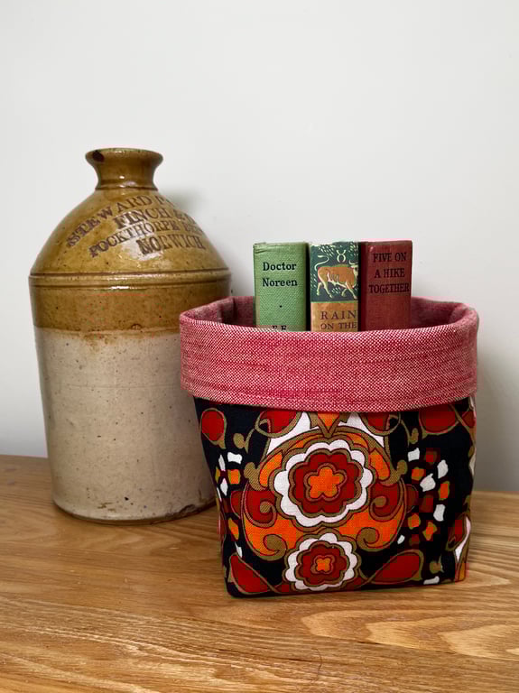 Vintage retro print reversible storage basket plant pot craft storage