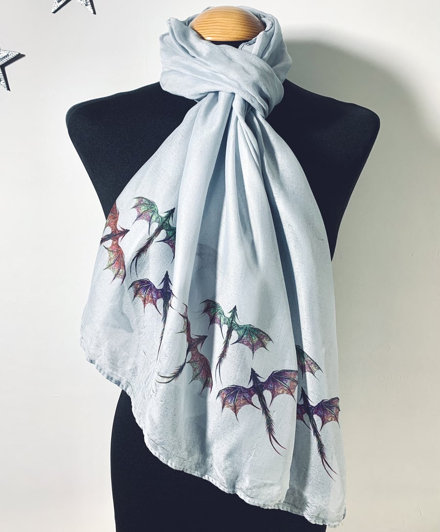 Dragon Scarf Mythical Dragons Delicate Print. Grey. Lightweight