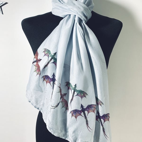 Dragon Scarf Mythical Dragons Delicate Print. Grey. Lightweight
