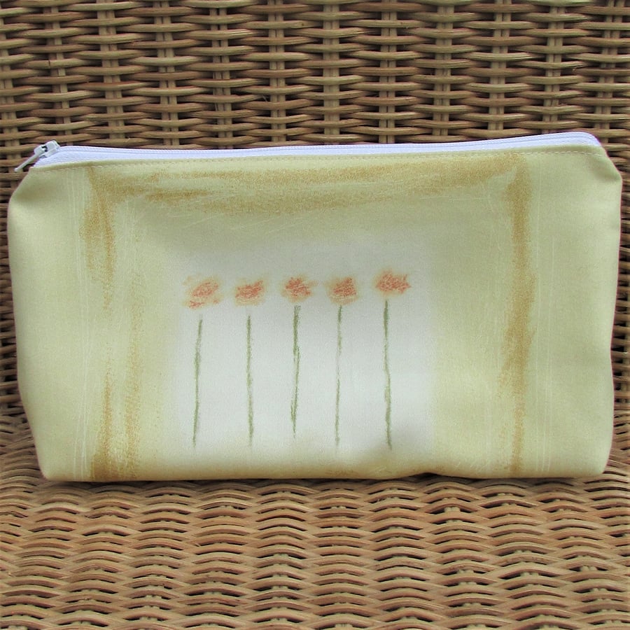 Cosmetic bag, make up bag - Pale yellow with five orange flowers