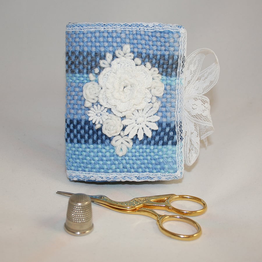 Embroidered Needlecase - white lace and embroidery on a hand-woven background