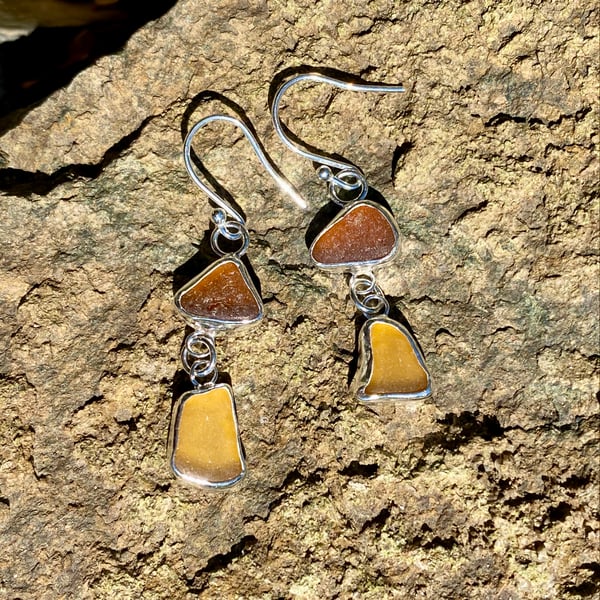 Honey & Amber Brown Sea Glass Sterling Silver Double Drop Earrings - 1375