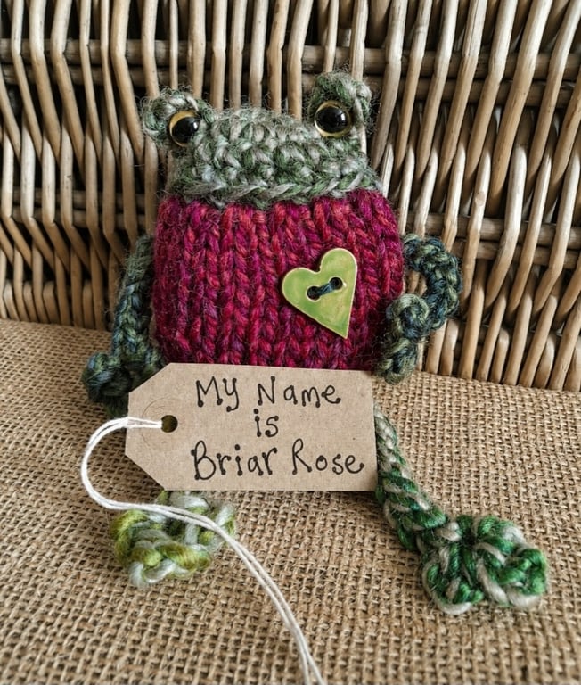 Handmade Knitted Frog Briar Rose – One of a Kind Frog Ornament Whimsical Gift