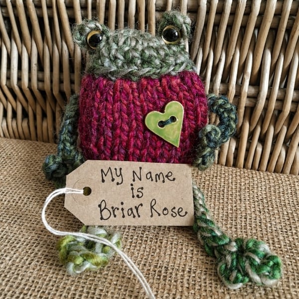 Handmade Knitted Frog Briar Rose – One of a Kind Frog Ornament Whimsical Gift
