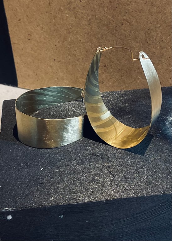 Large botanical brass and gold hoop earrings