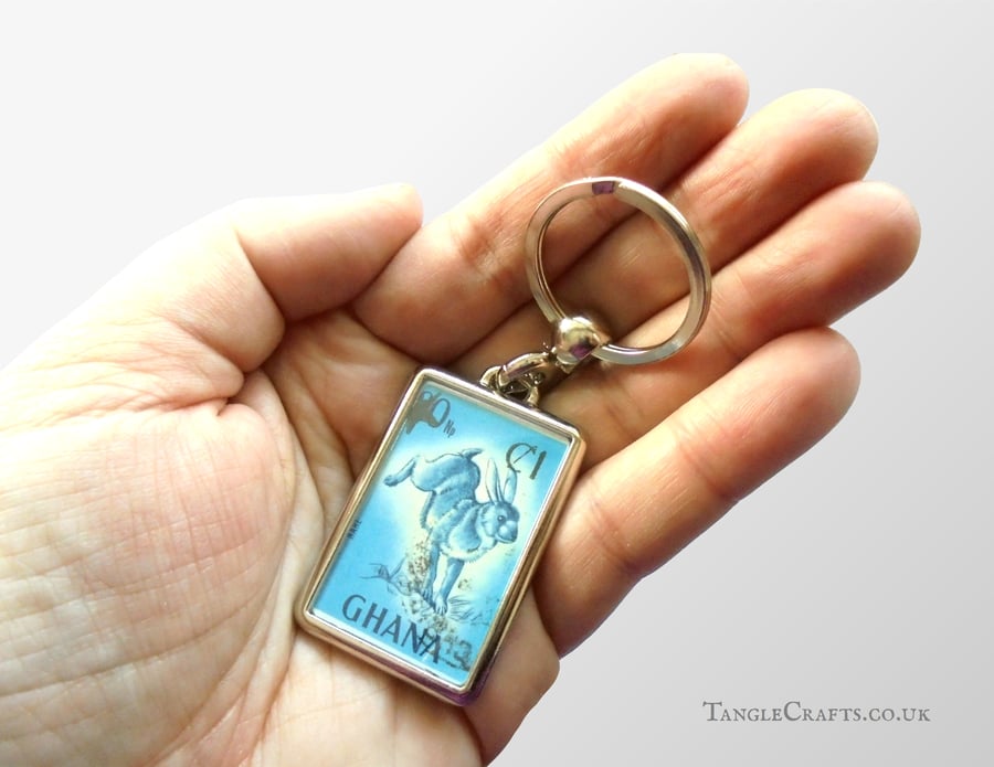 Leaping Hare Keyring - upcycled vintage postage stamp from Ghana