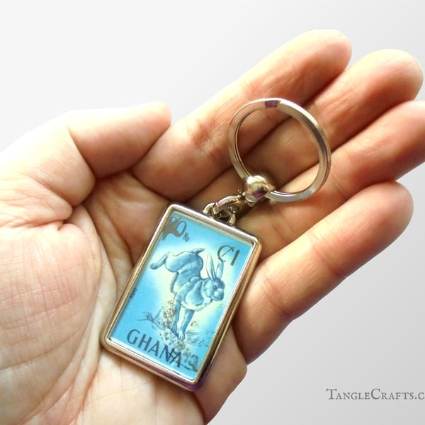 Leaping Hare Keyring - upcycled vintage postage stamp from Ghana