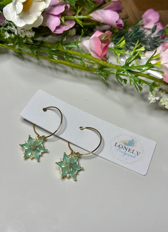 Green Crystal Flower Hoop Earrings, Charm Earrings, Handmade Jewellery 