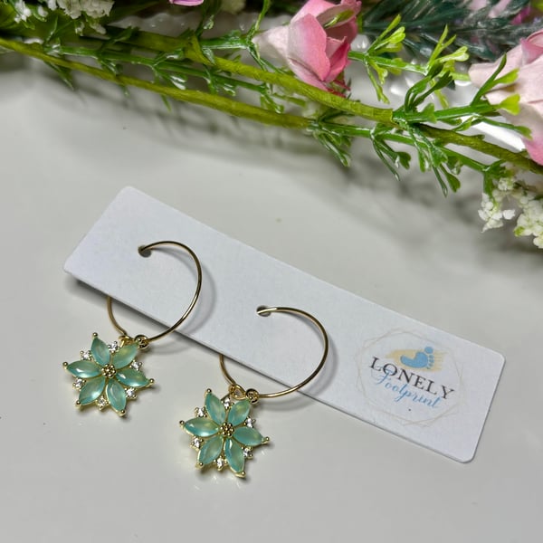 Green Crystal Flower Hoop Earrings, Charm Earrings, Handmade Jewellery 