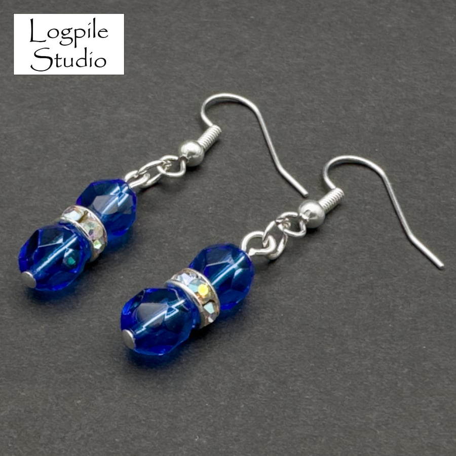 Cobalt Blue Glass and Crystal Dangle Earrings