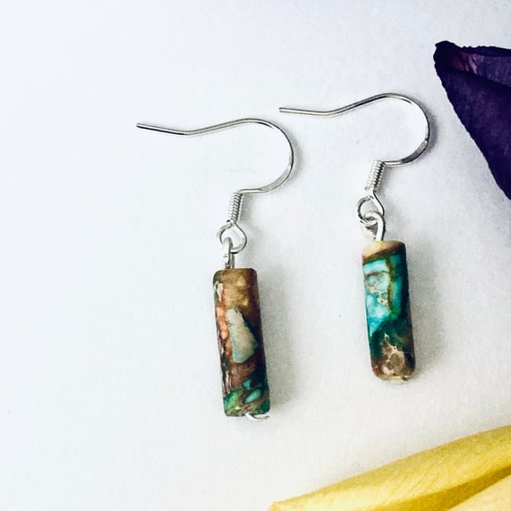 Sterling Silver Earrings with Natural Imperial Jasper Semi Precious Stone 