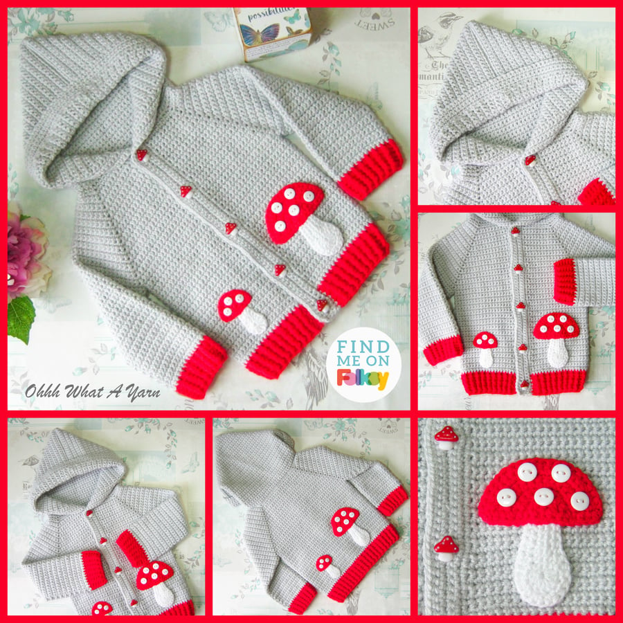 Crochet baby hoody. Original design toadstools hoody. Size 9-12 months.