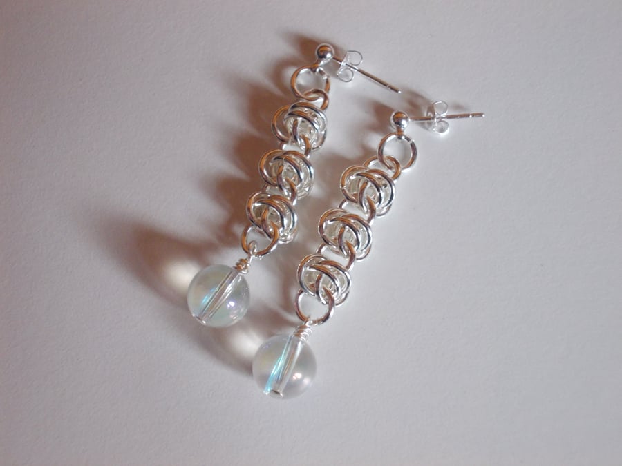 Coated quartz chainmaille drop earrings