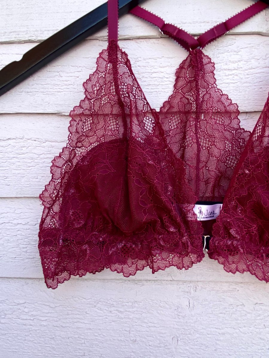 Handmade claret red lace and bamboo jersey racerback bra & knicker