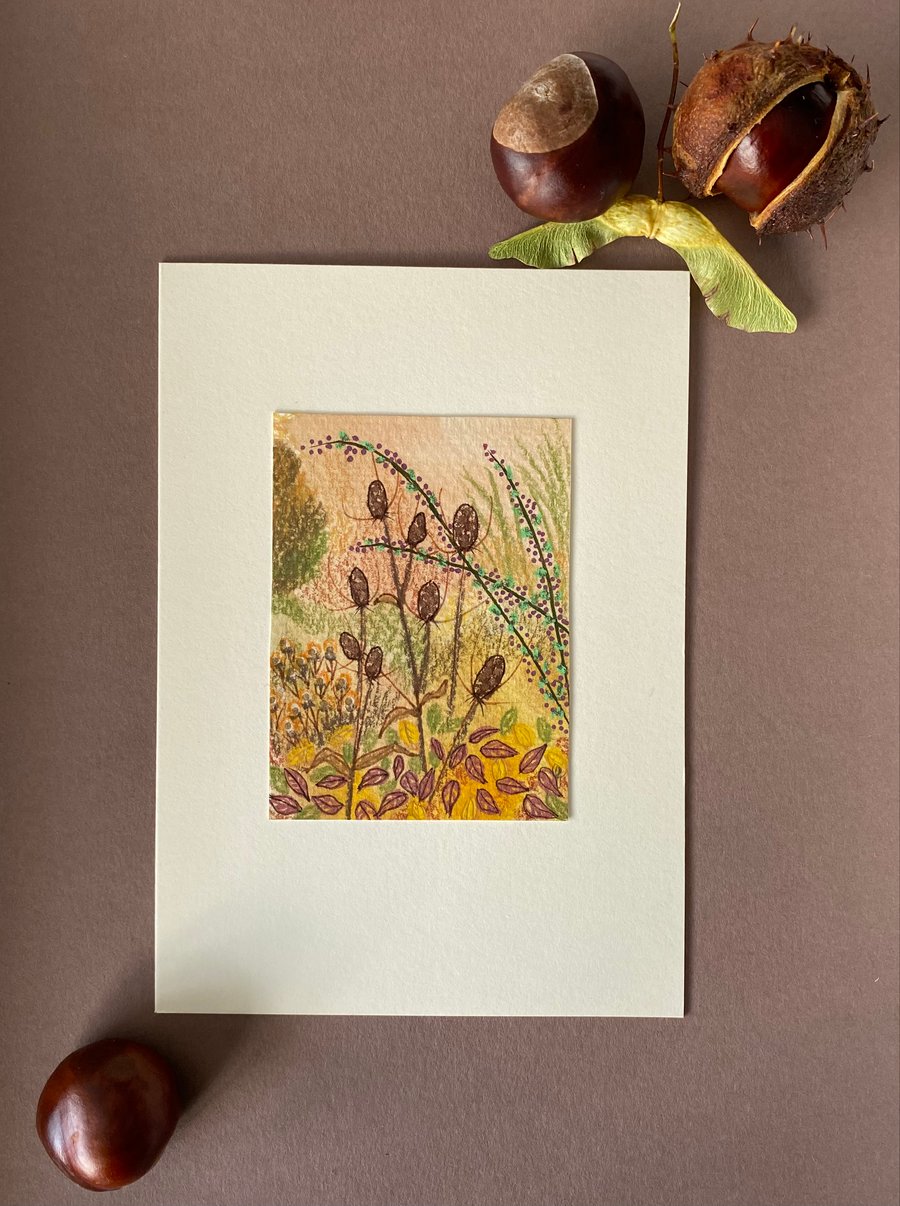 Hand painted art card Autumn hedgerow