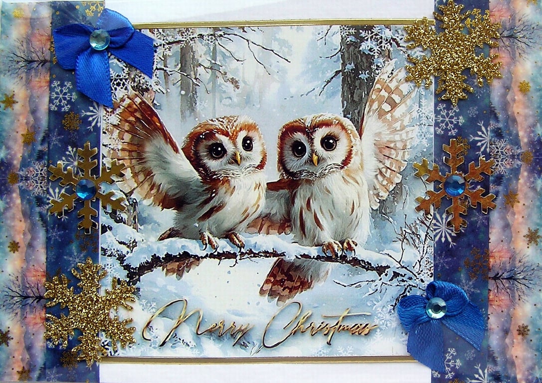 Hand Crafted Decoupage Chistmas Card - Merry Christmas (3210) Owls on Branch