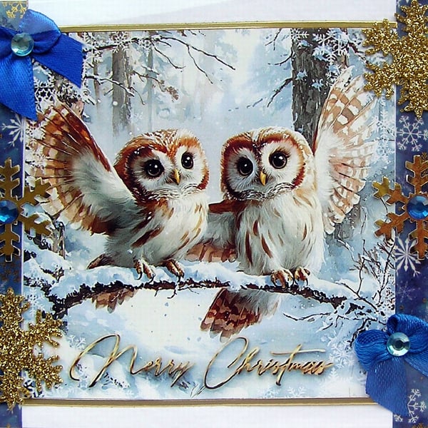 Hand Crafted Decoupage Chistmas Card - Merry Christmas (3210) Owls on Branch