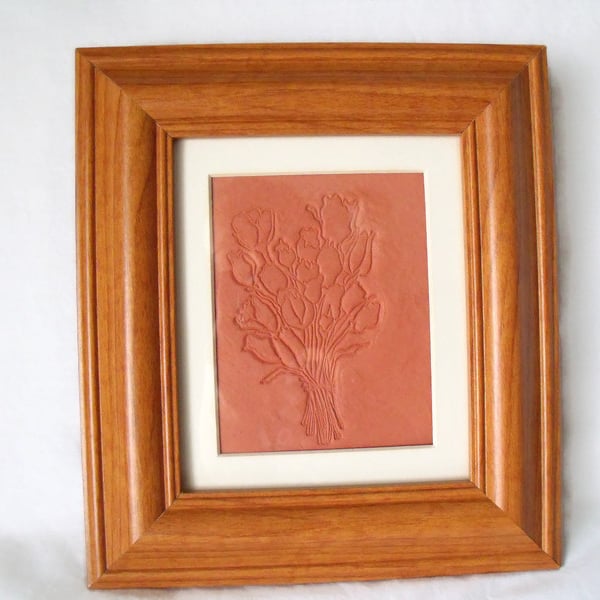 impressed terracotta tile in a box frame, tulip design, 8 x 9 inches