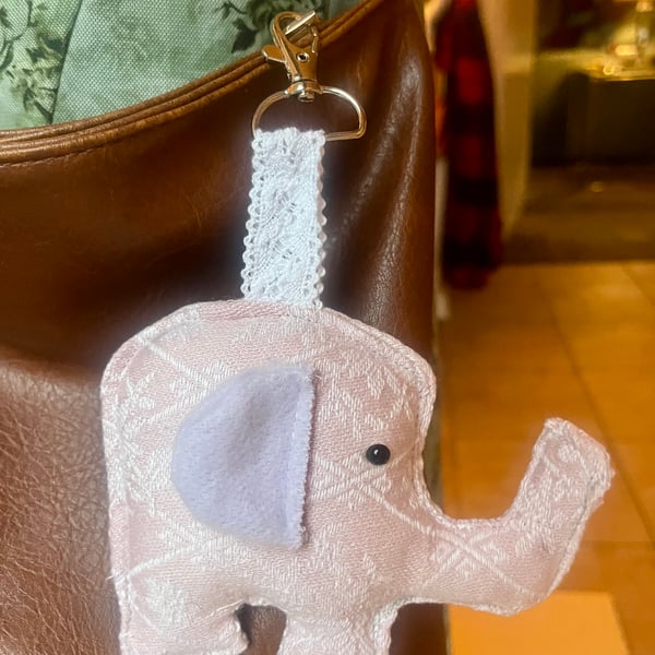 Nellie the Elephant - Upcycled Bag Charm - Pink & Purple with Silver Clasp Hook