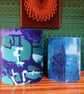 Dramatic Abstract BLUE BARKCLOTH Vintage Fabric Lampshade - Image 2