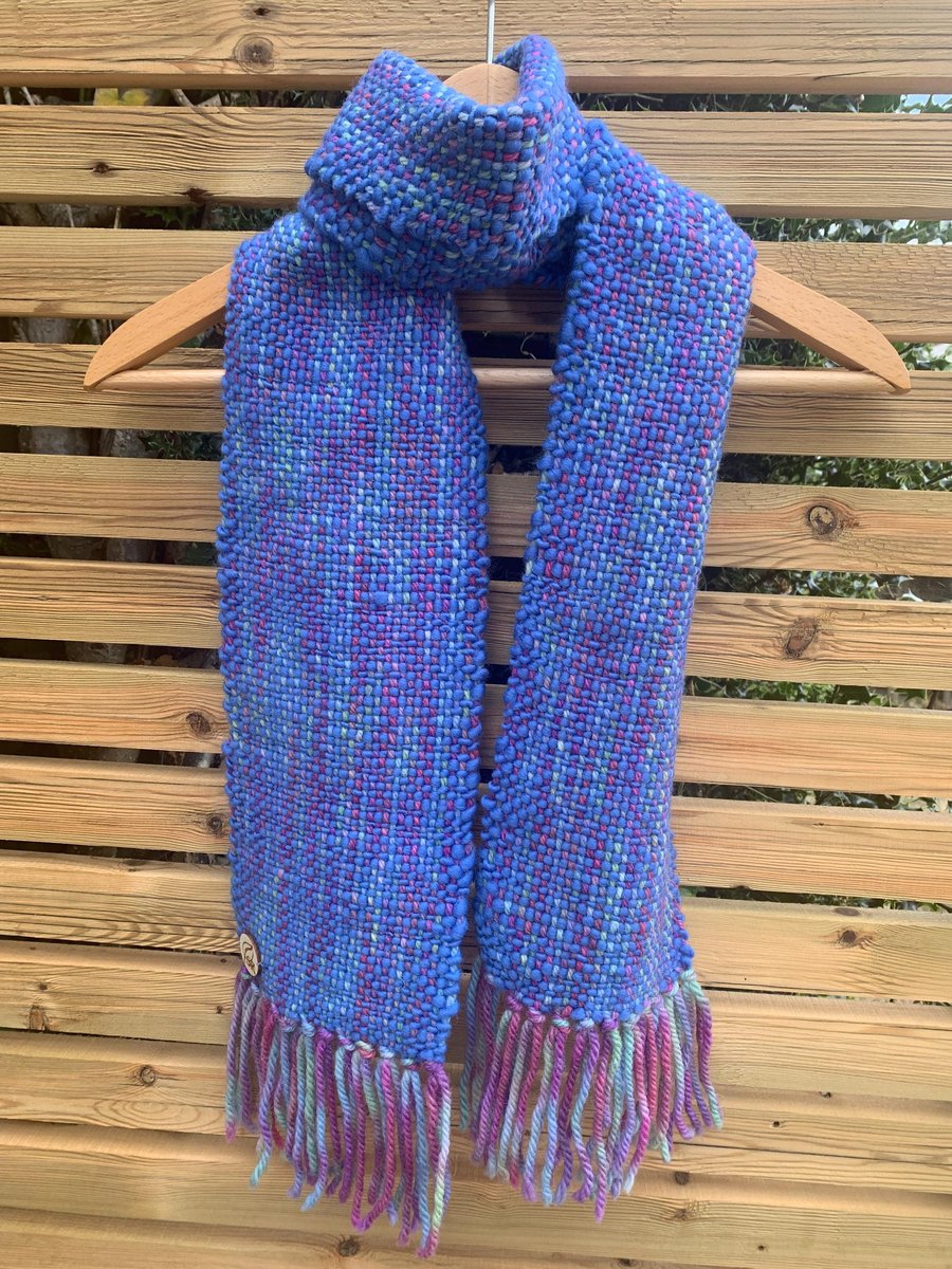Handwoven pink, green, blue and purple wool scarf