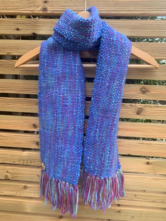 Handwoven pink, green, blue and purple wool scarf