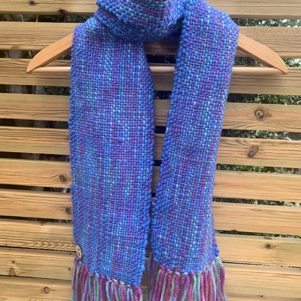 Handwoven pink, green, blue and purple wool scarf