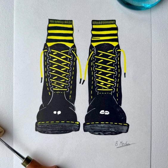Docs and Socks: Hand-Burnished Lino Cut